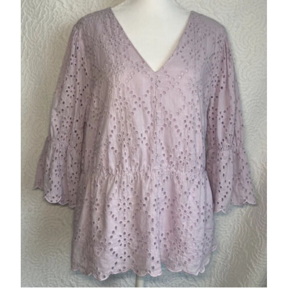 ecru Lavender Eyelet V‑Neck Peplum Blouse